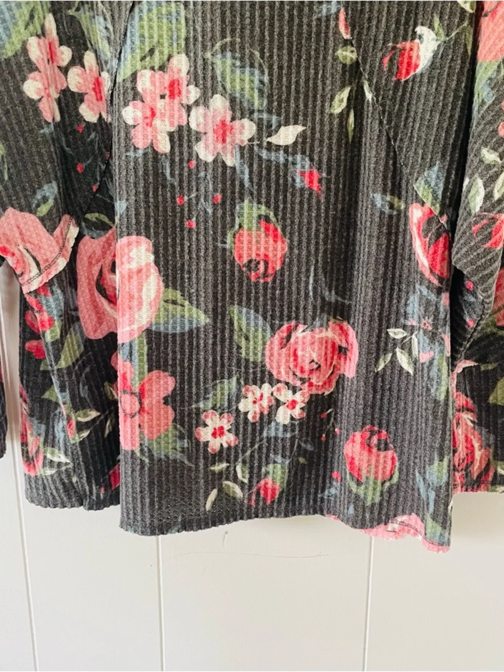 LuLaRoe Charcoal Sweater with Pink Rose Print